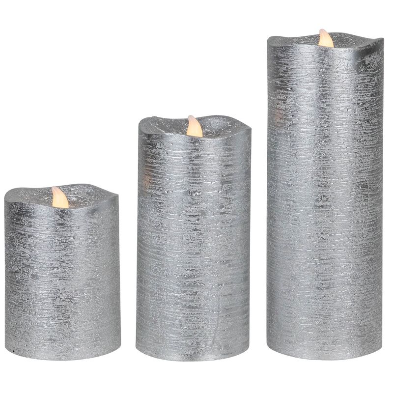 Northlight Set of 3 Brushed Silver-tone LED Flickering Flameless Pillar Candles 8", 1 of 7