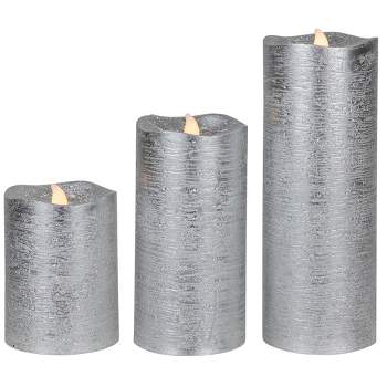 Northlight Set of 3 Brushed Silver-tone LED Flickering Flameless Pillar Candles 8"