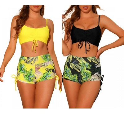 INSPIRE CHIC Women's Drawstring Push-Up Top Tropical Print High Waist Shorts Swimwear Bathing Suits 2 Sets