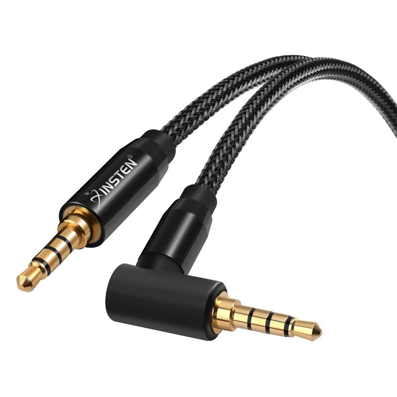 Insten 3.5mm Audio Cable, 90 Deg Male to Male, TRRS Stereo with Microphone, Nylon Braided Jacket, 1.5 Feet, Black, 5 of 8