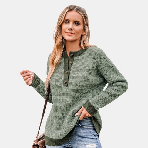 Women's Marled Drop Sleeve Henley Sweater - Cupshe-XS-Green