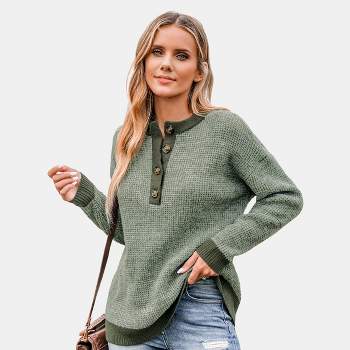 Women's Marled Drop Sleeve Henley Sweater - Cupshe