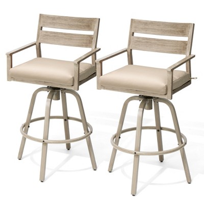 Pellebant 2pc Aluminum Outdoor Swivel Woodgrain Finish Bar Stools with Sunbrella Cushion