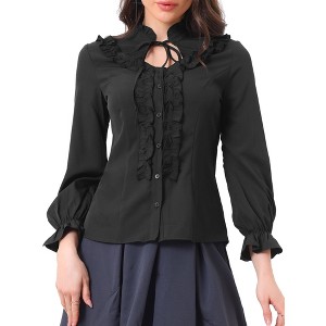 Allegra K Women's Vintage Ruffled Long Sleeve Button-Up Gothic Victorian Blouse - 1 of 4