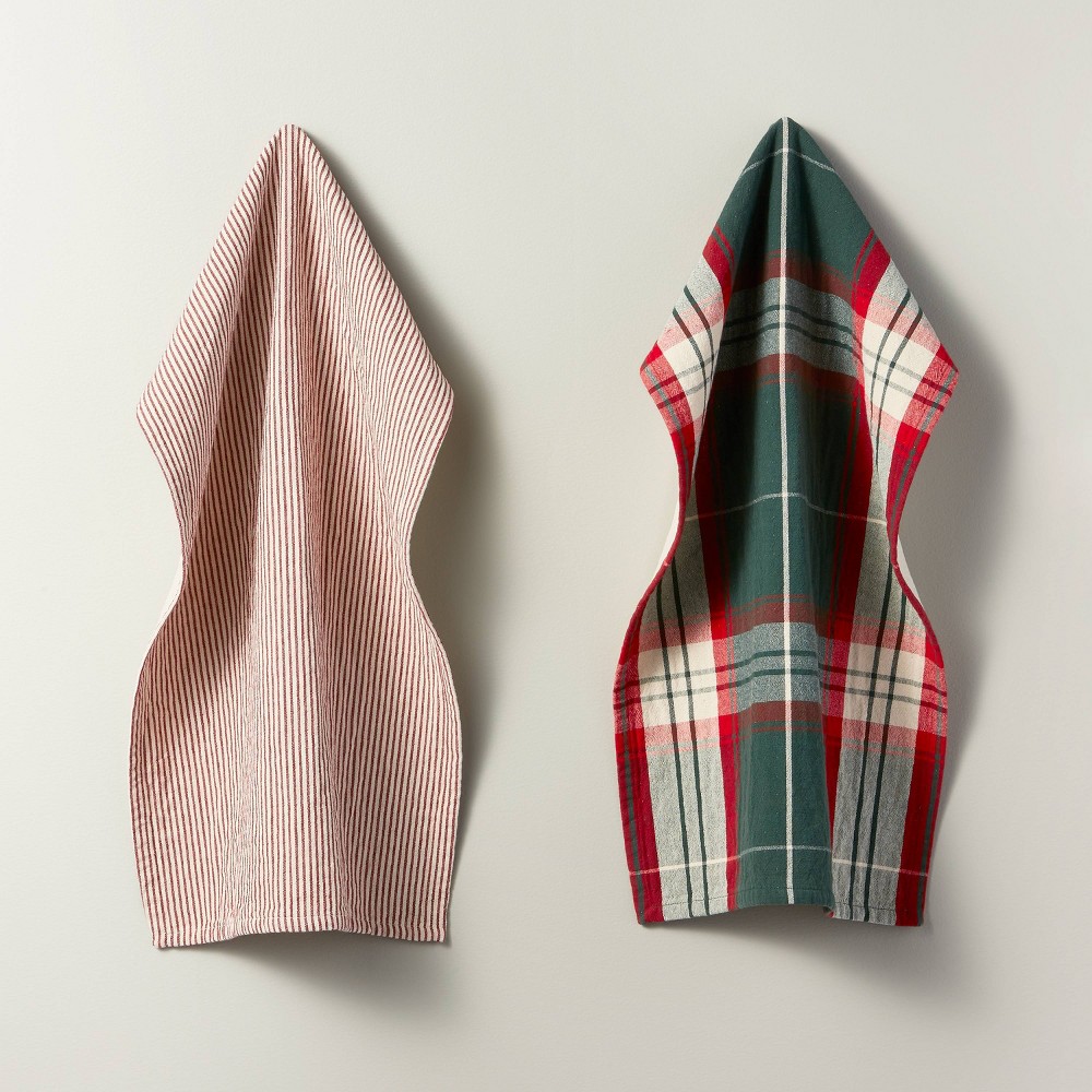 2ct Holiday Plaid & Ticking Stripe Kitchen Towel Set Green/Red/Cream - Hearth & Hand with Magnolia