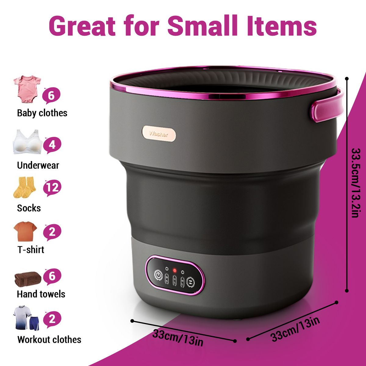 Portable Mini Washing Machine, Foldable 13L Mini Washer Spin Dryer with Basket Spin 3 Cleaning Modes Compact Design for Small Clothes - thumbnail 9