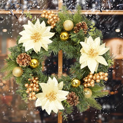 16" Christmas Wreath, Artificial Wreaths with Xmas Baubles, Flowers, Berries and Pine Cones for Fireplace Wall Window Christmas Decoration