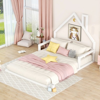 ALEXOUN Kids Floor Bed with House-Shaped Headboard & Solid Wood Slats,Platform Bed Frame for Girls Boys,No Box Spring Needed