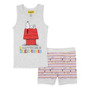 Peanuts Girls' Snoopy Happiness Is Sleeping In Pajama Set Tank Top Shorts Grey - 1 of 4