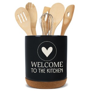 Elanze Designs Welcome to the Kitchen Ceramic Cork Bottom Black Large Capacity Utensil Holder Crock for Countertop Storage, Stylish & Durable for - 1 of 4