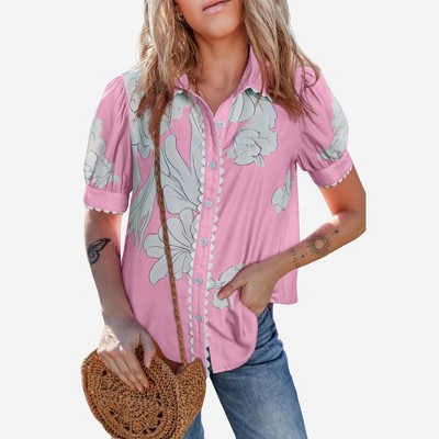 Amaryllis Women’s Puff Sleeve Collared Button Front Blouse Scalloped Trim Oversized Floral Print