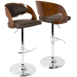 Faux Leather Mid-Century Modern Adjustable Swivel Barstool with Bent Wood Back, Cushioned Seat, and Footrest for Kitchen - 1 of 4