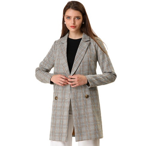 Allegra K Women's Double Breasted Jacket Notched Lapel Plaid Blazer ...