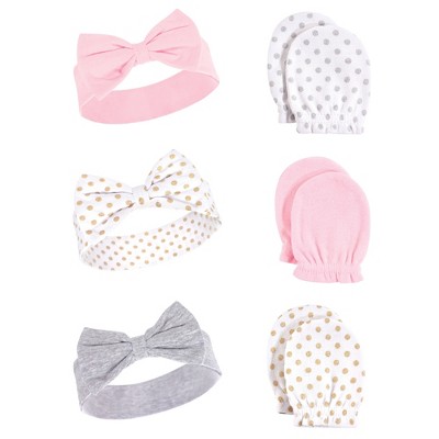 Hudson Baby Infant Girl Cotton Headband and Scratch Mitten 6pc Set, Dots, 0-6 Months