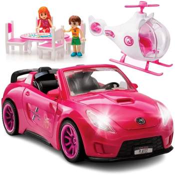 Pink Convertible 2-Seater Vehicle Doll Accessories with Lights and Sounds 10 Pc - Toy Car Includes Helicopter Doll, 2 Figurines, Dining Table Set