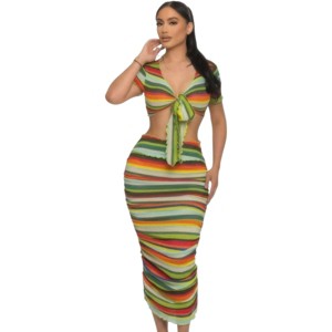 Slickblue Women's Beach Sarong Skirt Set with Ruffle Trim and Tie Closure, Green Multi/Blue Multi, Size S-L - 1 of 4