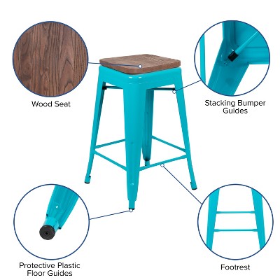Teal Metal and Wood Backless Counter Stools, Set of 4