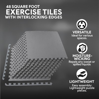 Gray 48 Square Foot EVA Foam Interlocking Exercise Mat Tiles