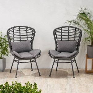 2pcs Patio Porch Upholstered Chairs, Rattan Wicker Chairs, Outdoor Cushion Furniture Seating, Upholstered Conversation Chairs - 1 of 4