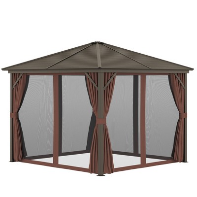 Outsunny 10x10 Dark Brown Aluminum and Steel Hardtop Gazebo with Curtains