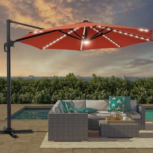 Sonkuki 11FT Round Offset Outdoor Patio Solar LED Cantilever Umbrella Aluminium Pole, 360° Rotation and Canopy Angle Adjustment - 1 of 4