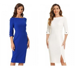 INSPIRE CHIC Women's Elegant Boat Neck 3/4 Sleeves Work Midi Split Sheath Dress 2 Packs - 1 of 4