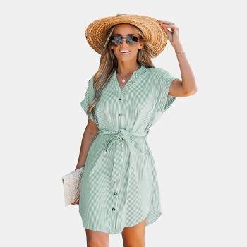 Women's Belted Striped Button-Front Dress- Cupshe