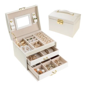 Unique Bargains PU Leather 3 Layer Birthday Gifts Jewelry Organizer Storage Holder with Drawer and Mirror - 1 of 4