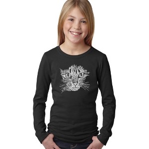 LA Pop Art Girl's Word Art Long Sleeve - Cat Face - 1 of 4