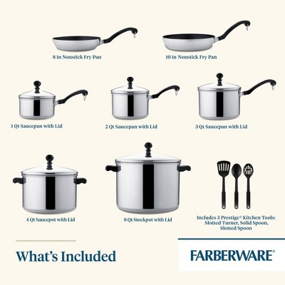 Farberware 15-Piece Stainless Steel Nonstick Cookware Set with Utensils