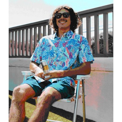 Large Blue Island Breeze Floral Cotton Blend Button-Up Shirt