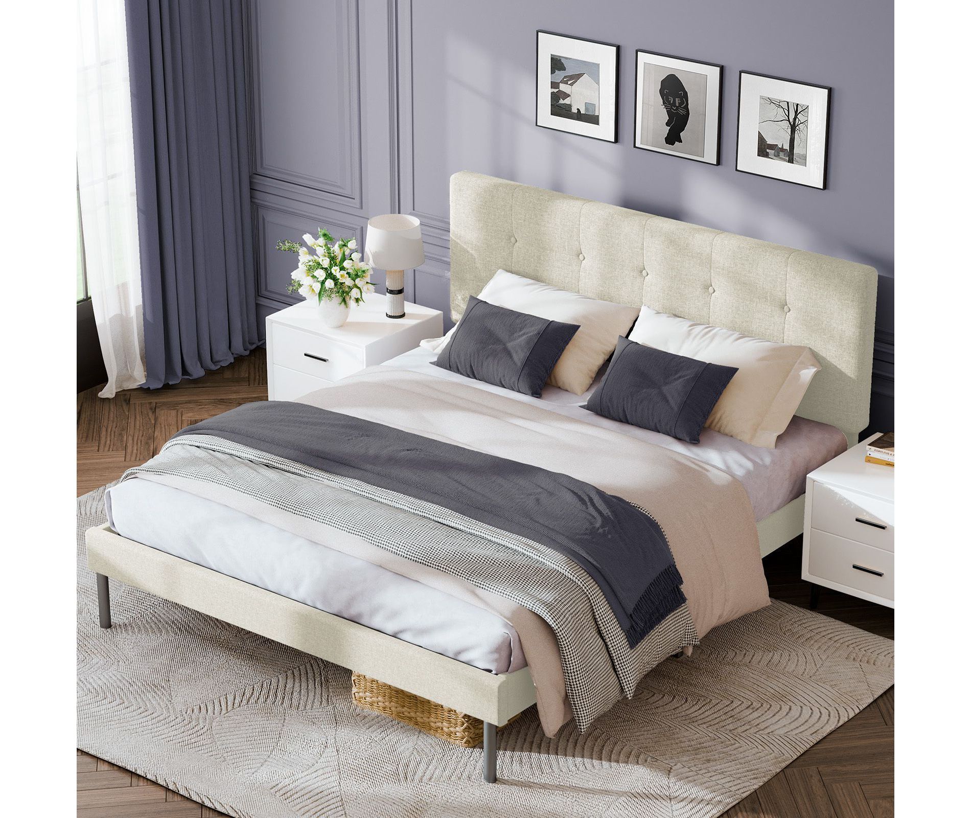 HYLEORY Twin Bed Frame with Headboard, Upholstered Platform Bed Frame for Kids Teens Adults, No Box Spring Needed, Beige