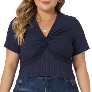 Agnes Orinda Women's Plus Size Twist Front V Neck Ribbed Short Sleeve Slim Fit Casual Solid Blouses - 1 of 4