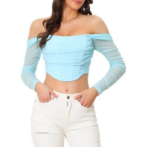 Allegra K Women's Ruched Off Shoulder Push Up Party Mesh Sheer Long Sleeve Corset Crop Top - 1 of 4