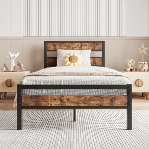Twin Size Platform Bed Frame with Rustic Vintage Wood Headboard, Strong Metal Slats Support, No Box Spring Needed - 1 of 4