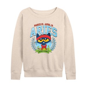 Women's - Pete the Cat - Aries -Kids Women's French Terry Pullover Lightweight French Terry Wide Neck Long Sleeve Shirt - 1 of 4
