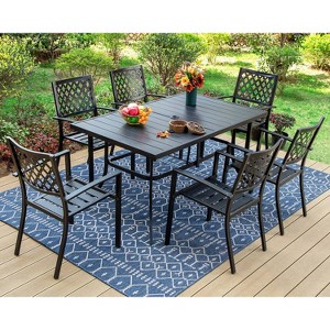 7pc Patio Dining Set with Rectangle Table with 1.57" Umbrella Hole & Steel Arm Chairs - Black - Captiva Designs - 1 of 4