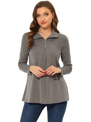 Allegra K Women's Swing Blouse Mock Neck Long Sleeve Zip Up Tunic Top Grey  Brown Small : Target