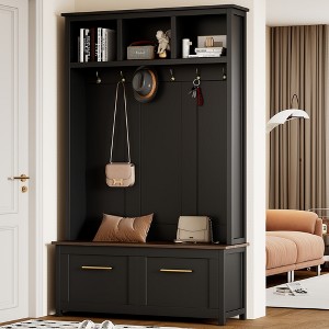 TIRAMISUBEST Versatile 4-in-1 Hall Tree with 6 Golden Hooks, Wood Grain Bench with Multiple Storage Space, Entryway Coat Rack with 2 Drawers - 1 of 4