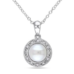 EVERLY JEWELRY | Sterling Silver 7.5 - 8 MM White Cultured Freshwater Pearl and Diamond Filigree Halo Pendant with Chain - 18 in - 1 of 4