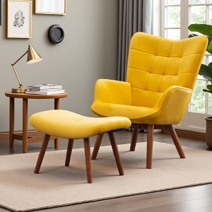 Silky Velvet Contemporary Accent Chair with Diamond Button Tufting and Ottoman - 1 of 4