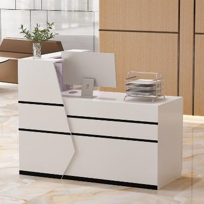 FUFU&GAGA Modern Style White Reception Desk L-Shape with Keyboard Shelf Drawer Office Desk