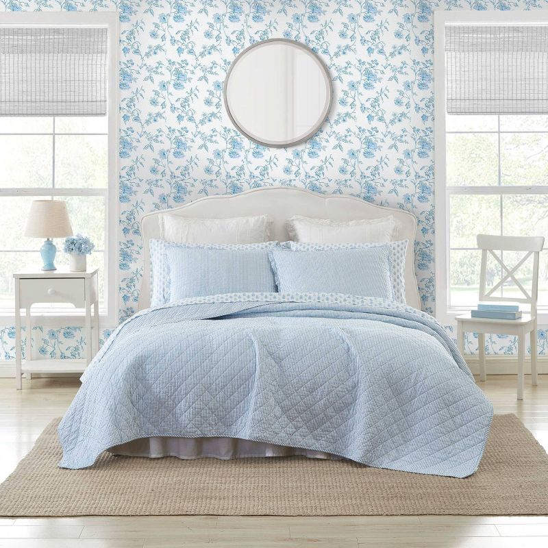 Laura Ashley Oxford Striped 100% Cotton Quilt Set Blue, 1 of 8