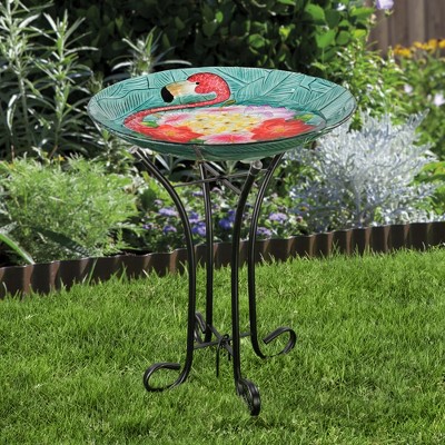 Tropical Flamingo Fusion Glass Birdbath with Metal Stand