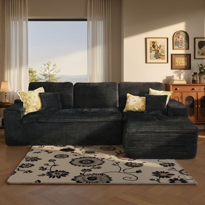 XIZZI No Assembly Sectional Sofa Set w/ Chaise - Plush/Corduroy Fabric, High-Resilience Foam, Beige/Black/Gray - Ships Compressed & Ready to Use
