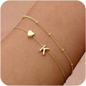 Dainty Initial Heart Gold Bracelets for Women Trendy, 14K Real Gold Letter Charm Bracelet Jewelry - 1 of 4
