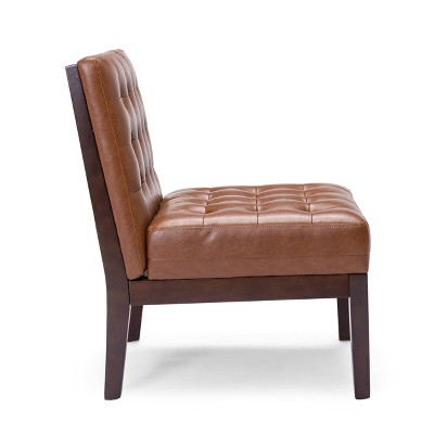 Cognac Faux Leather Tufted Slipper Chair with Dark Espresso Legs