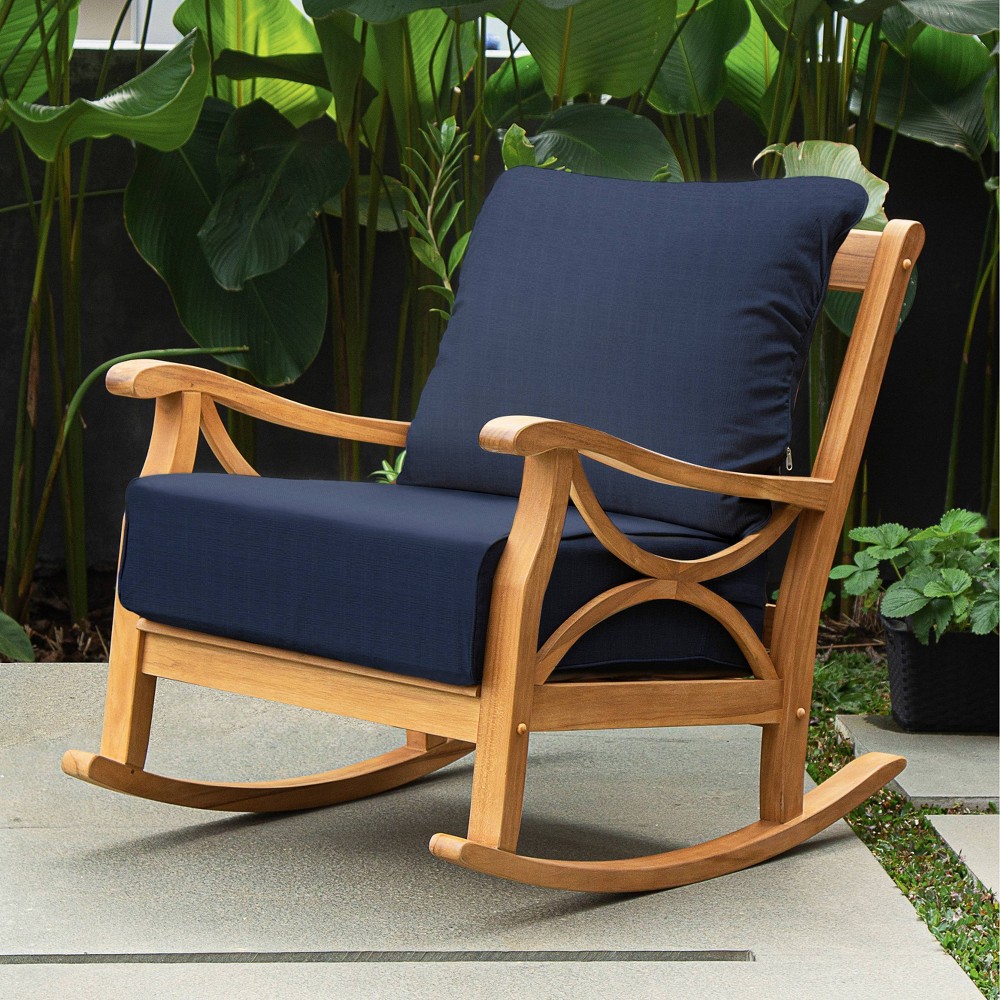 Sonoma Lane Alamo Teak Outdoor Rocking Chair with Navy Zippered Cushions and Brown Frame