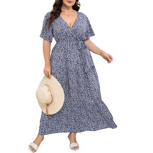 Plus Size Women's Flowy Tiered Maxi Dress - V-Neck, Short Sleeve & Waist Tie with Floral Print - 1 of 4