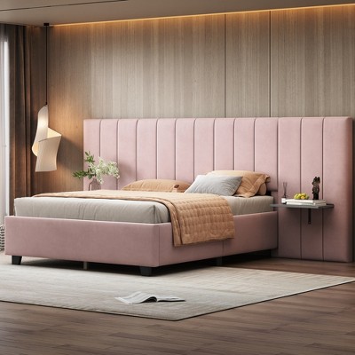 Full Size Velvet Upholstered Platform Bed With Big Headboard, Pink 4w ...